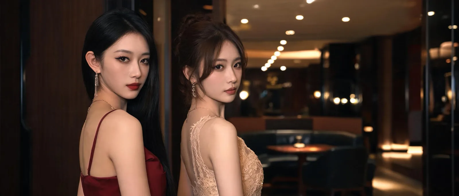 兩位女子並肩站在KTV包廂門口的走廊，示意私人場所需兩位以上同行的出勤規則