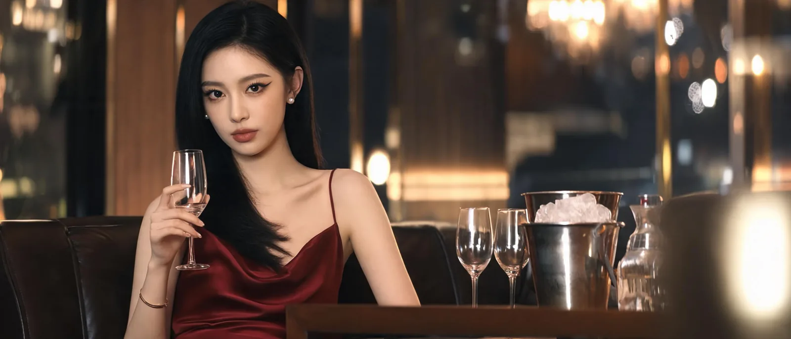 身穿酒紅色緞面裙的女子在包廂皮沙發上舉杯,矮桌擺著酒水與冰桶,示意以鐘計價的坐檯時間