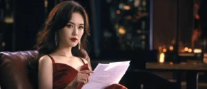 身穿酒紅色緞面短裙的女子坐在皮沙發上，手指停在攤開紙本的一行條款上，示意入行前逐條看完書面約定