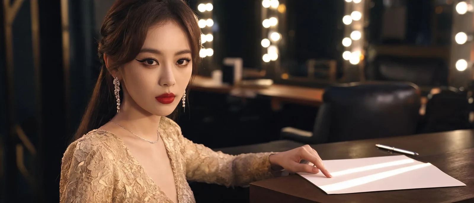 女子在化妝鏡前的檯面上按著一份對折紙本,旁邊擱著一支細長金屬筆,示意逐條確認書面約定的必看欄位