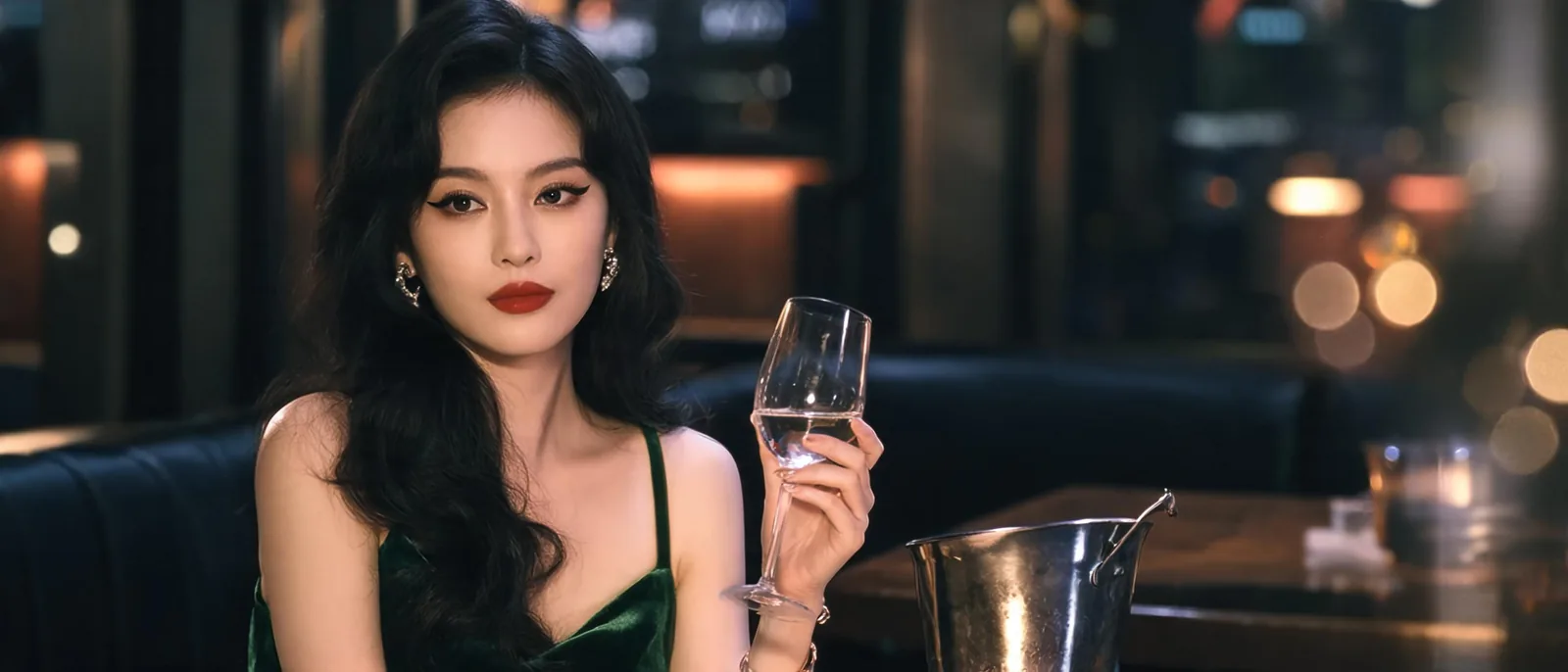包廂桌邊舉起高腳杯的女子,示意酒水依實際消費計價的現場情境