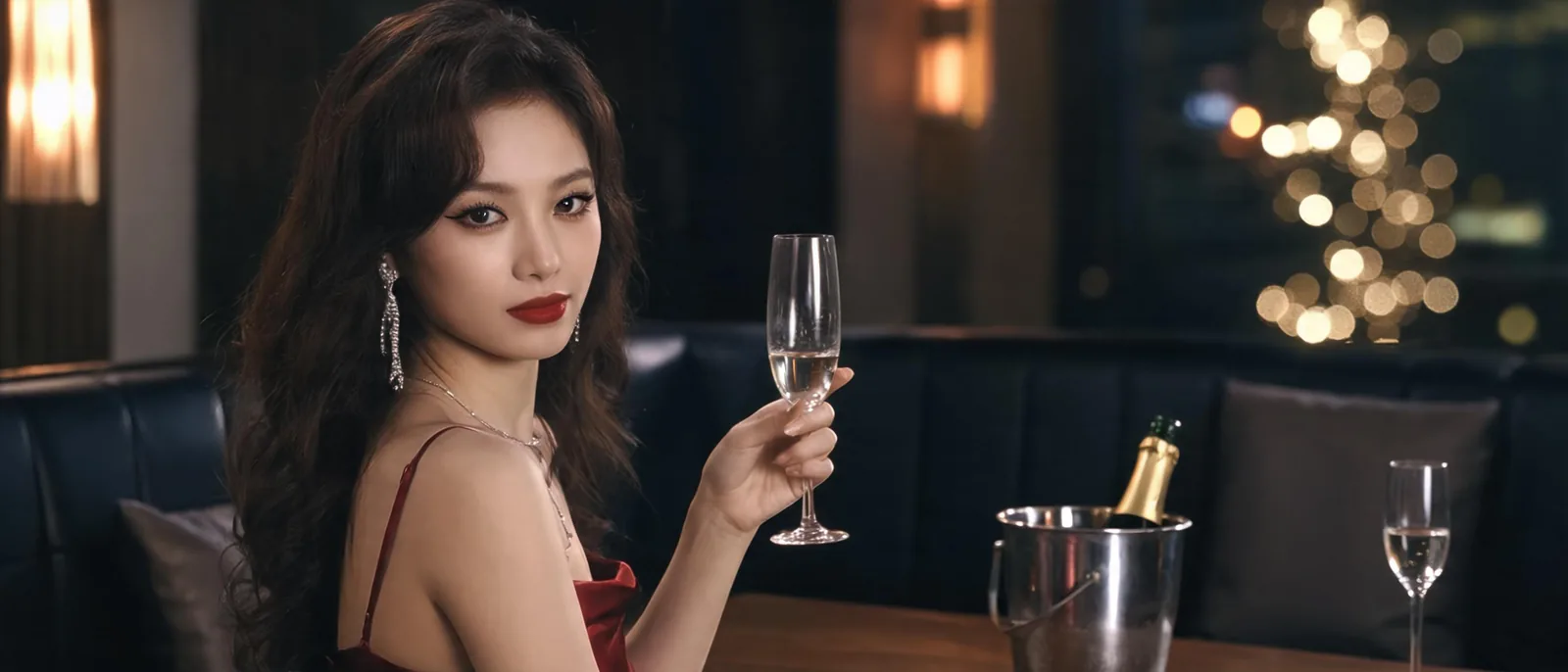 女子側坐包廂沙發舉起高腳杯,身旁保留一個手臂寬距離,示意禮服店互動尺度