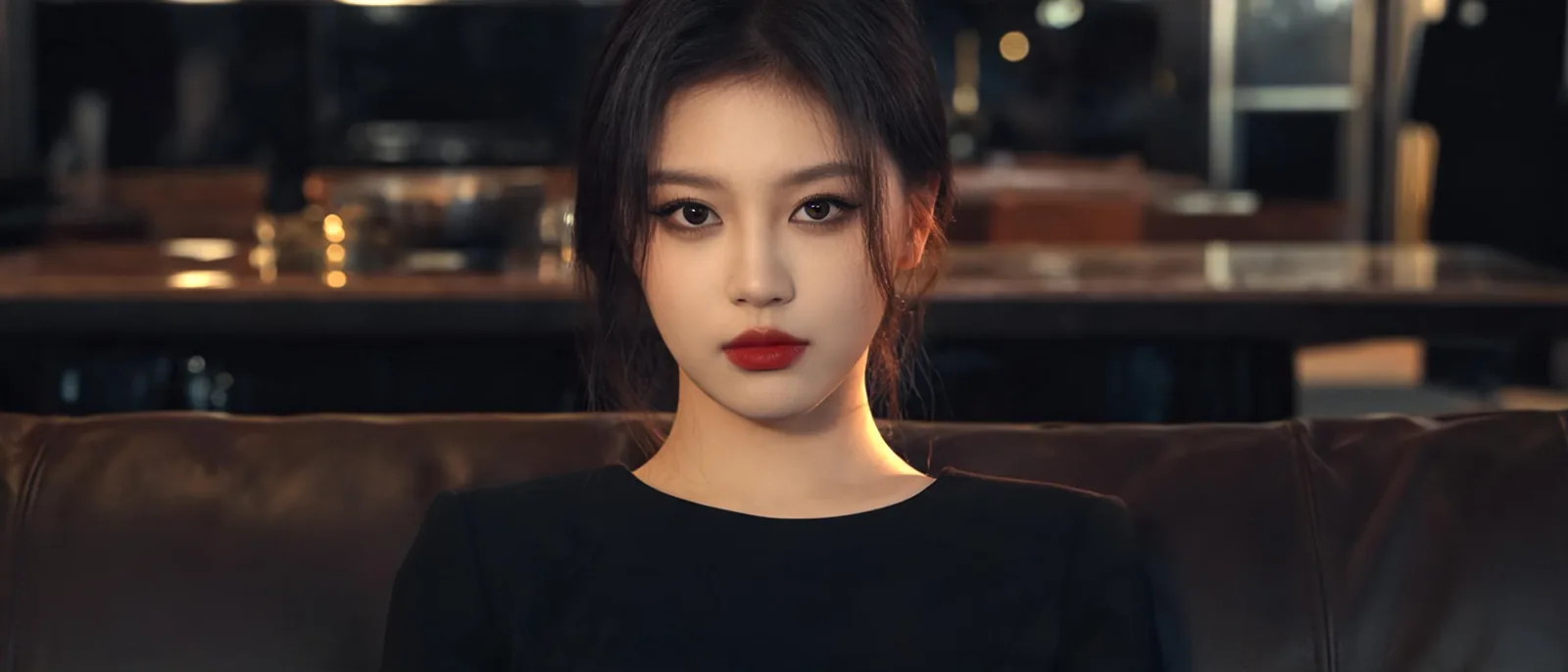 女子穿深色圓領連身裙端坐沙發的胸像，示範兼顧氣質與久坐舒適的穿著選擇