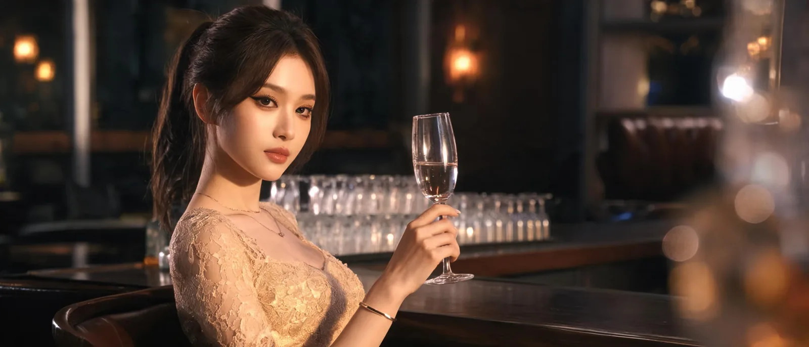 女子在吧台前舉杯,示意威思汀酒水加點與現金逐項結帳的消費節奏