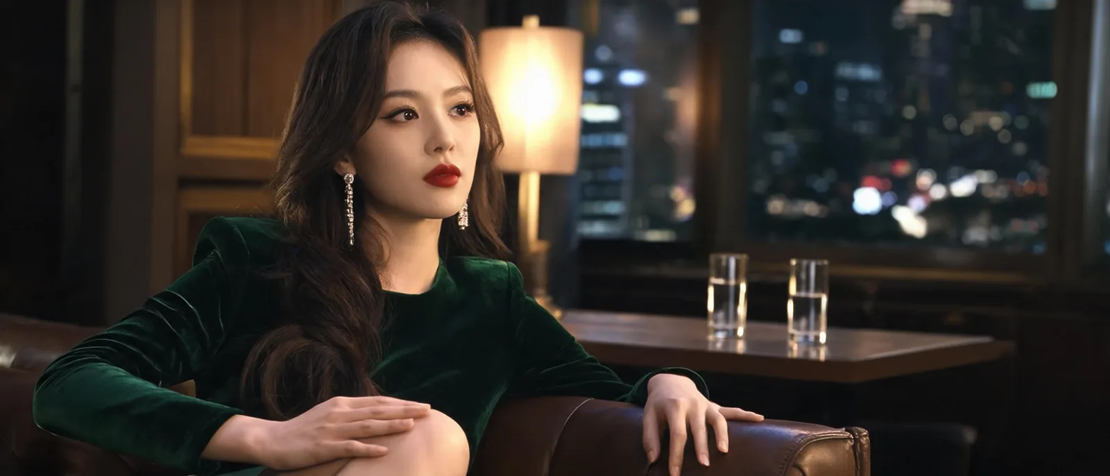 女子在深夜高樓層休息空間望向窗外夜景,示意威思汀營業到清晨的深夜時段氛圍