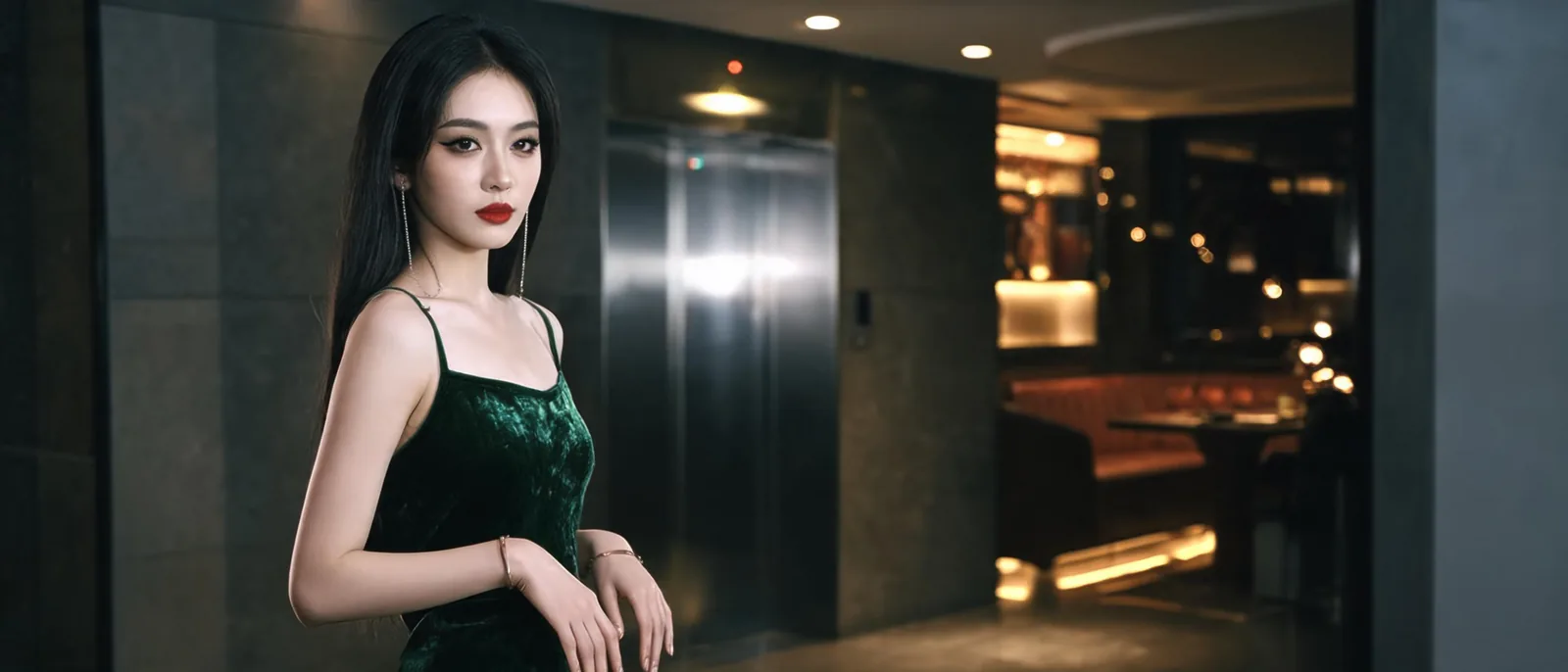 地下樓層走廊與電梯口,女性側身站立,示意不同時段進場的現場動線差異