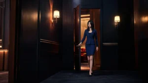 身穿深藍色制服套裝的年輕女性站在暖黃燈光的會所走廊，示意制服店公關上班時的現場樣貌
