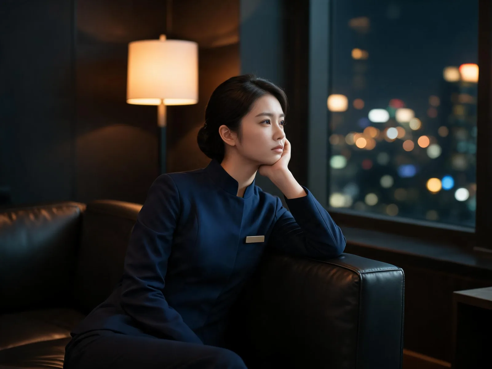 穿制服的年輕女性在休息區望向窗外夜景，示意夜班作息帶來的體力調整期