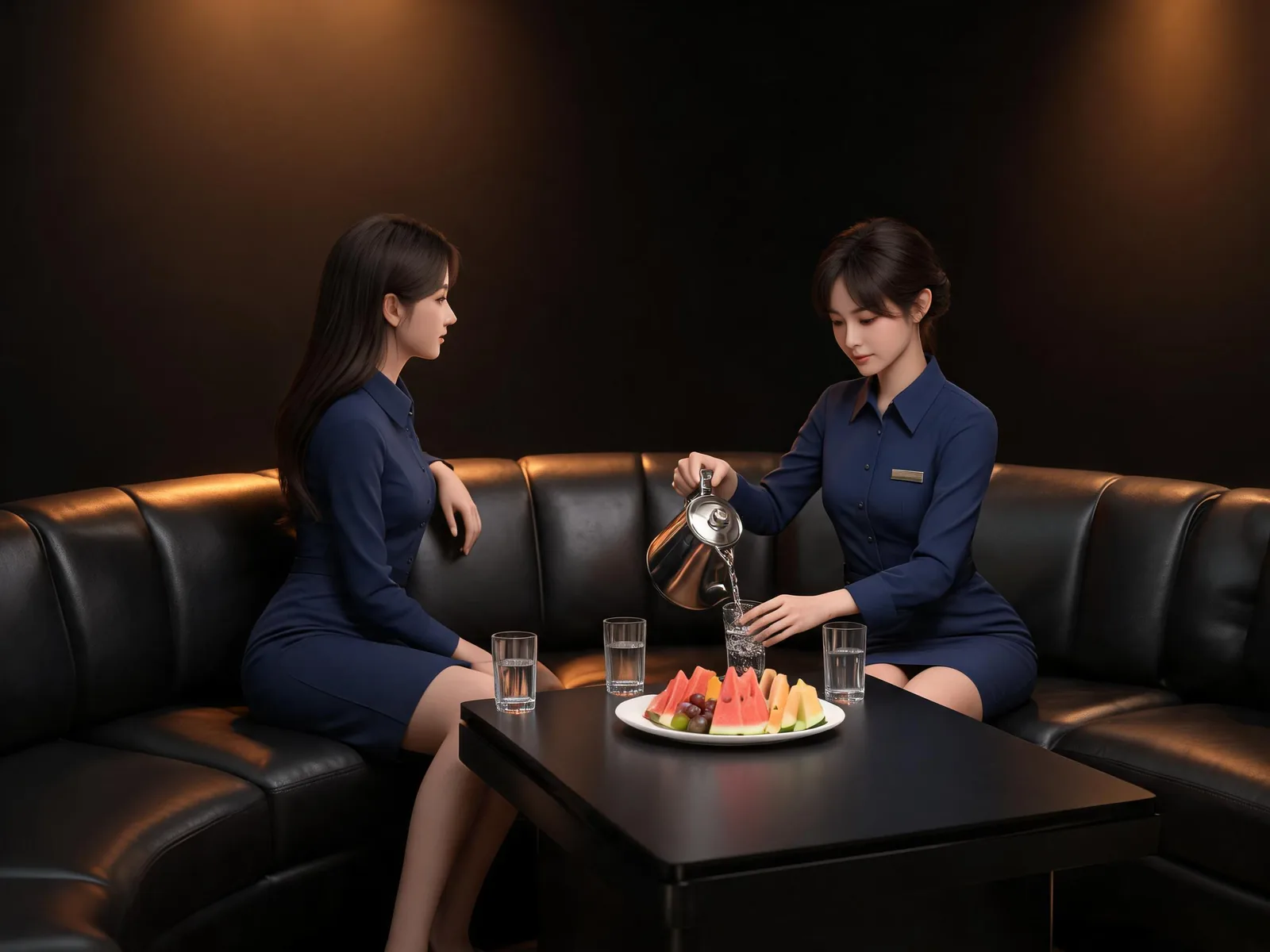 包廂內兩位穿同款制服的女性一位傾聽一位倒水，示意制服店公關的實際工作內容