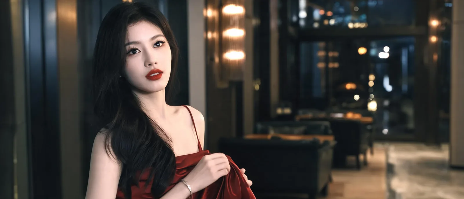 女子身穿酒紅色禮服站在包廂外長廊整理儀容,示意上鐘報到的計時流程