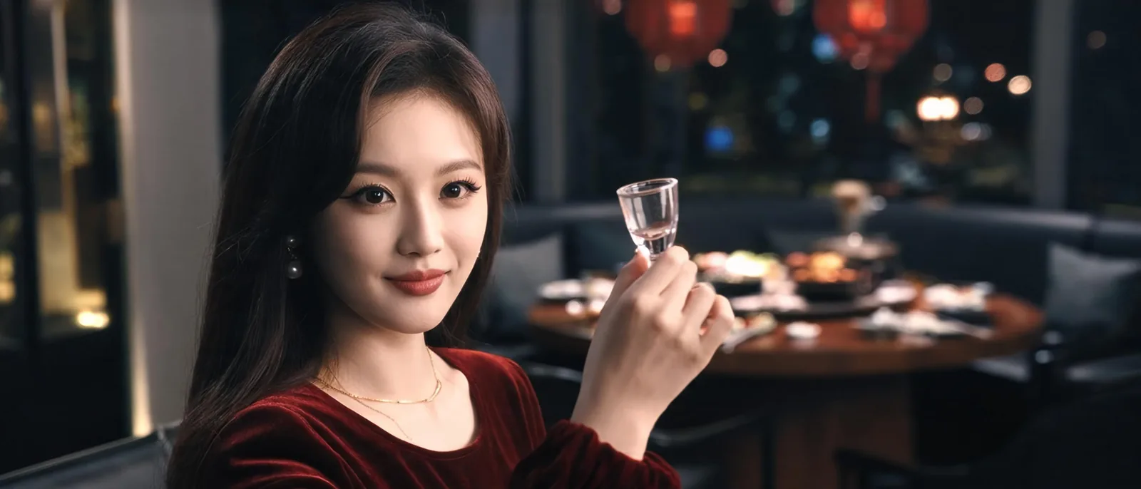 女子在家庭圍爐餐桌旁舉杯向長輩敬酒示意,微笑帶過話題,呼應酒店公關過年聚會的應對場景