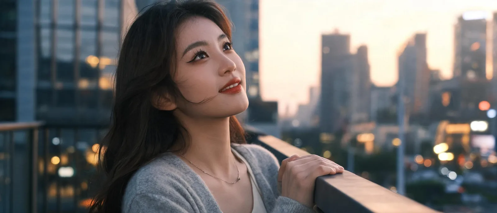 女子站在自家陽台扶著欄杆望向夕陽微笑,示意說清楚之後放鬆的心情