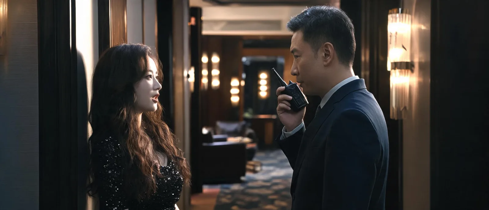 公關在包廂外的長廊與幹部低聲交談反映狀況,示意糾紛交由店方處理
