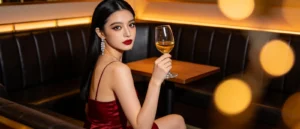 禮服店包廂內公關側身回眸舉起高腳杯,皮沙發座位區暖色燈光