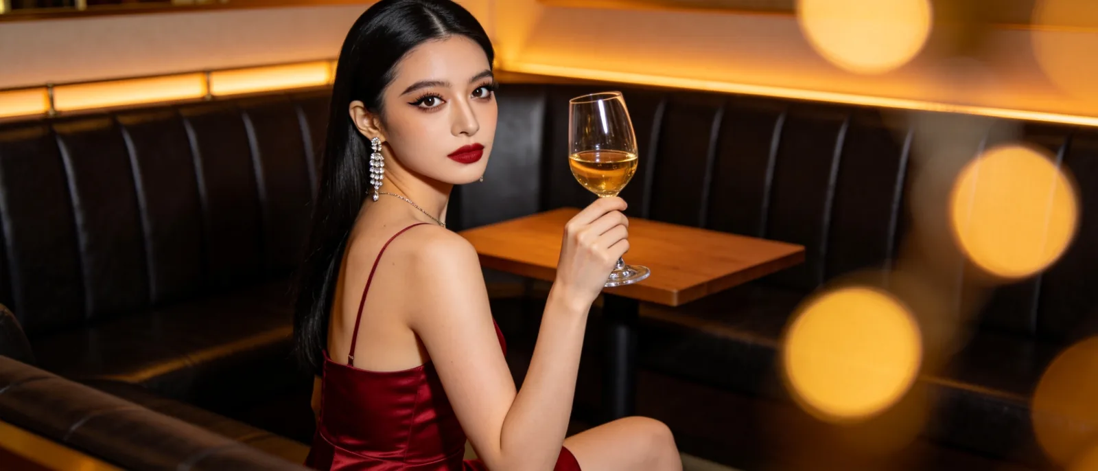 禮服店包廂內公關側身回眸舉起高腳杯,皮沙發座位區暖色燈光