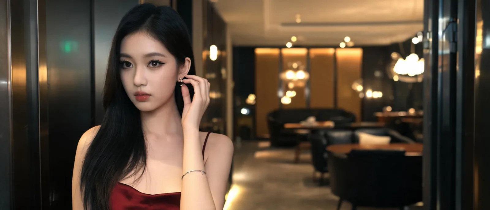 台北中山區大樓5樓電梯口,金荷酒店所在樓層的長廊與氛圍燈光