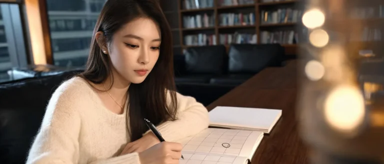 女子在圖書館自習桌前用筆在行事曆上圈出日期，示意先排課表與考試週再決定上班天數