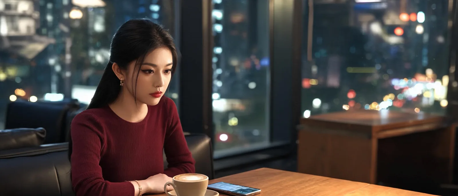 女子在咖啡廳窗邊低頭看手機訊息，桌上放著一杯咖啡，示意入行前先把合作條件問清楚再決定