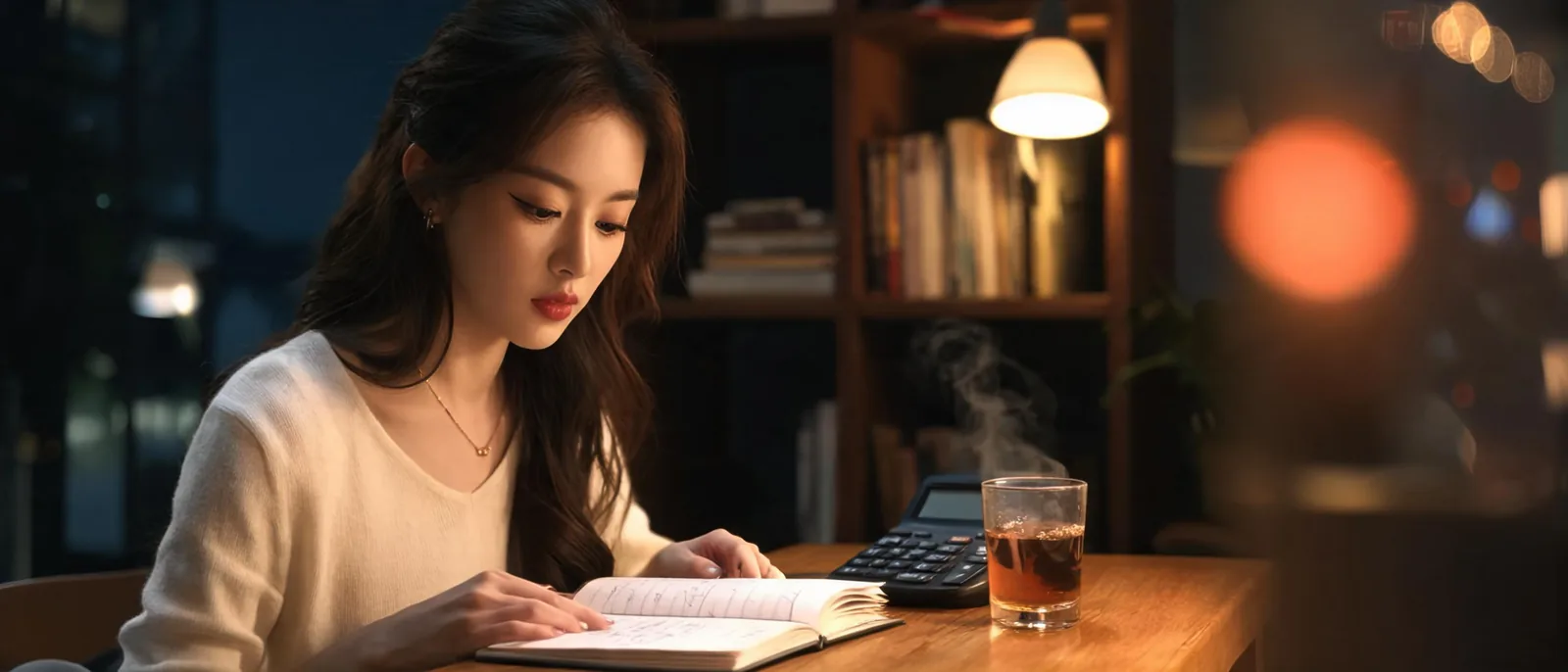 女子在書桌前翻看記帳本,桌上擺著計算機,示意整理收入紀錄準備報稅