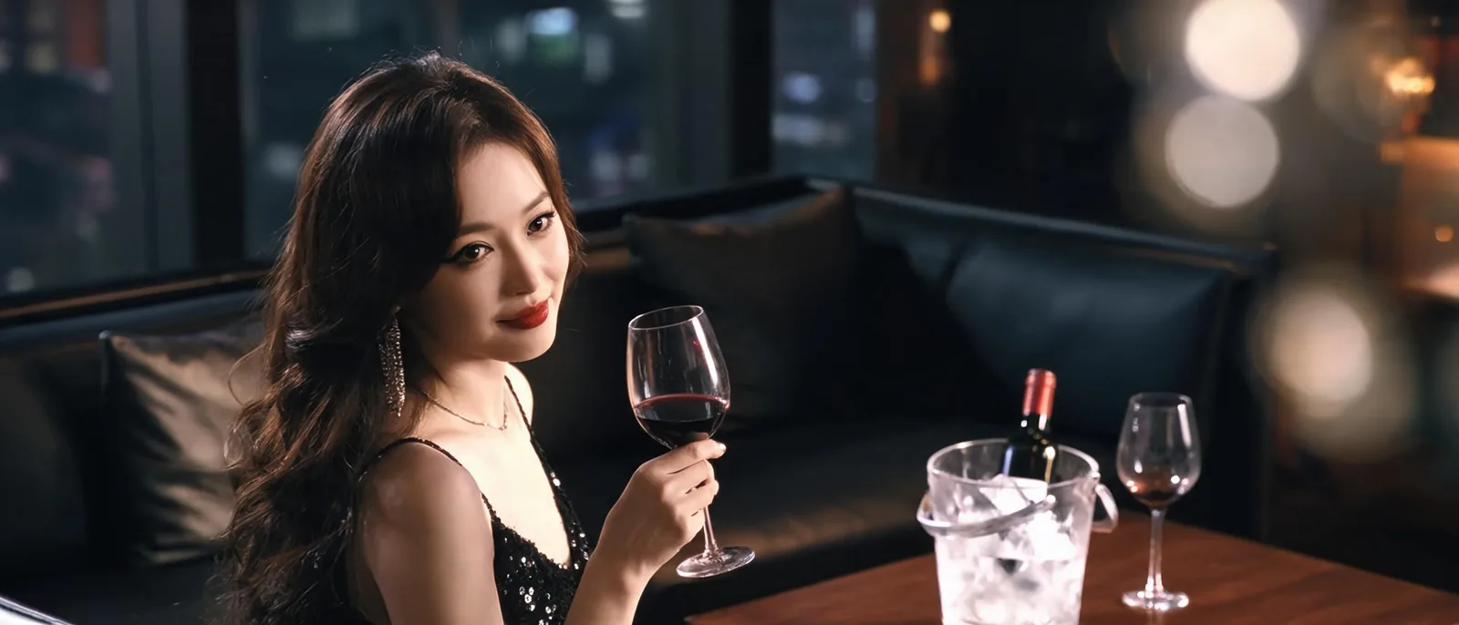 包廂皮沙發上公關舉起酒杯示意皇冠酒店報桌後的入座氛圍