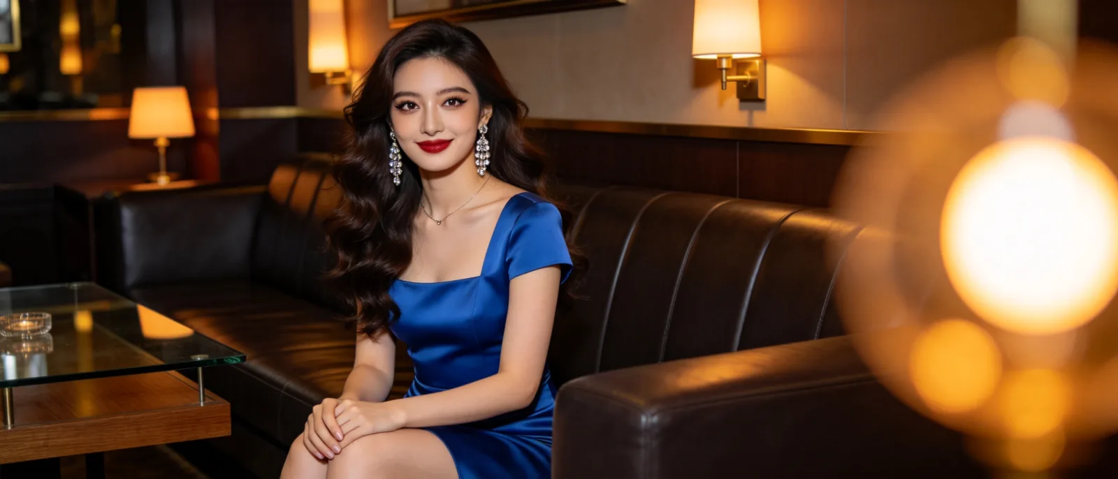 包廂內穿小禮服洋裝的女生坐在皮沙發上示意特蘭斯酒店報桌後入座